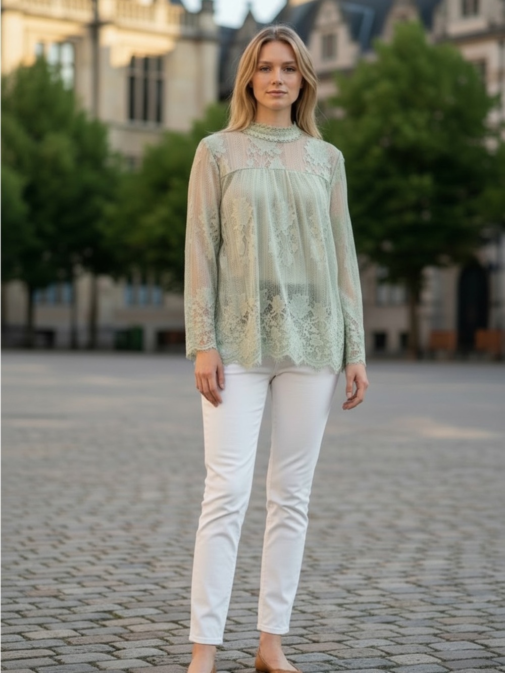 Westbound Sage Lace High-Neck Sheer Blouse